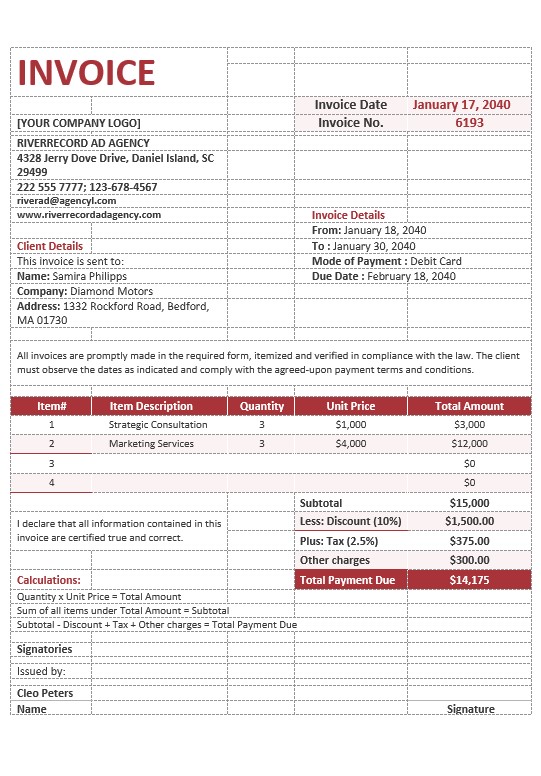 Blank Advertising Agency Invoice Template PSD template